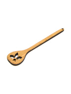 A cherry natural wood serving spoon with a honey bee cutout on the bowl, shown diagonally on a plain white background.
