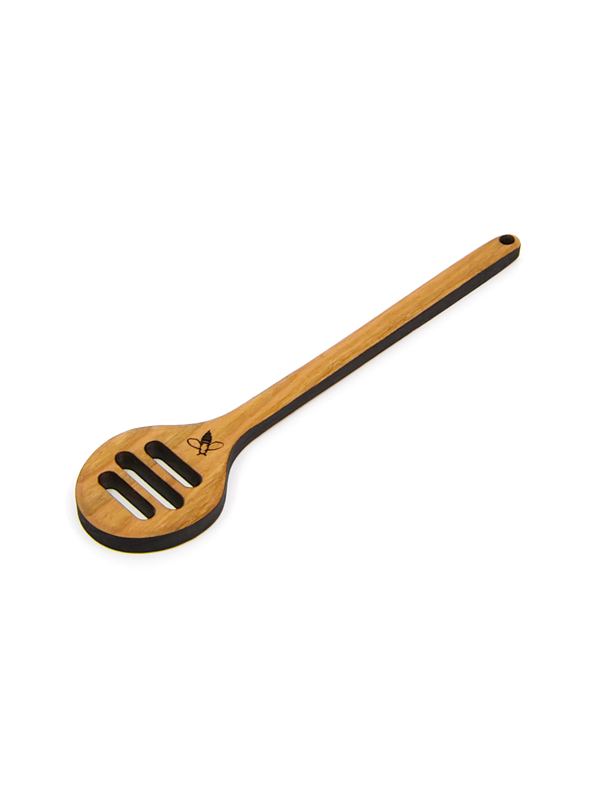 A cherry wood honey dipper with three horizontal cutouts and an engraved bee on a white background